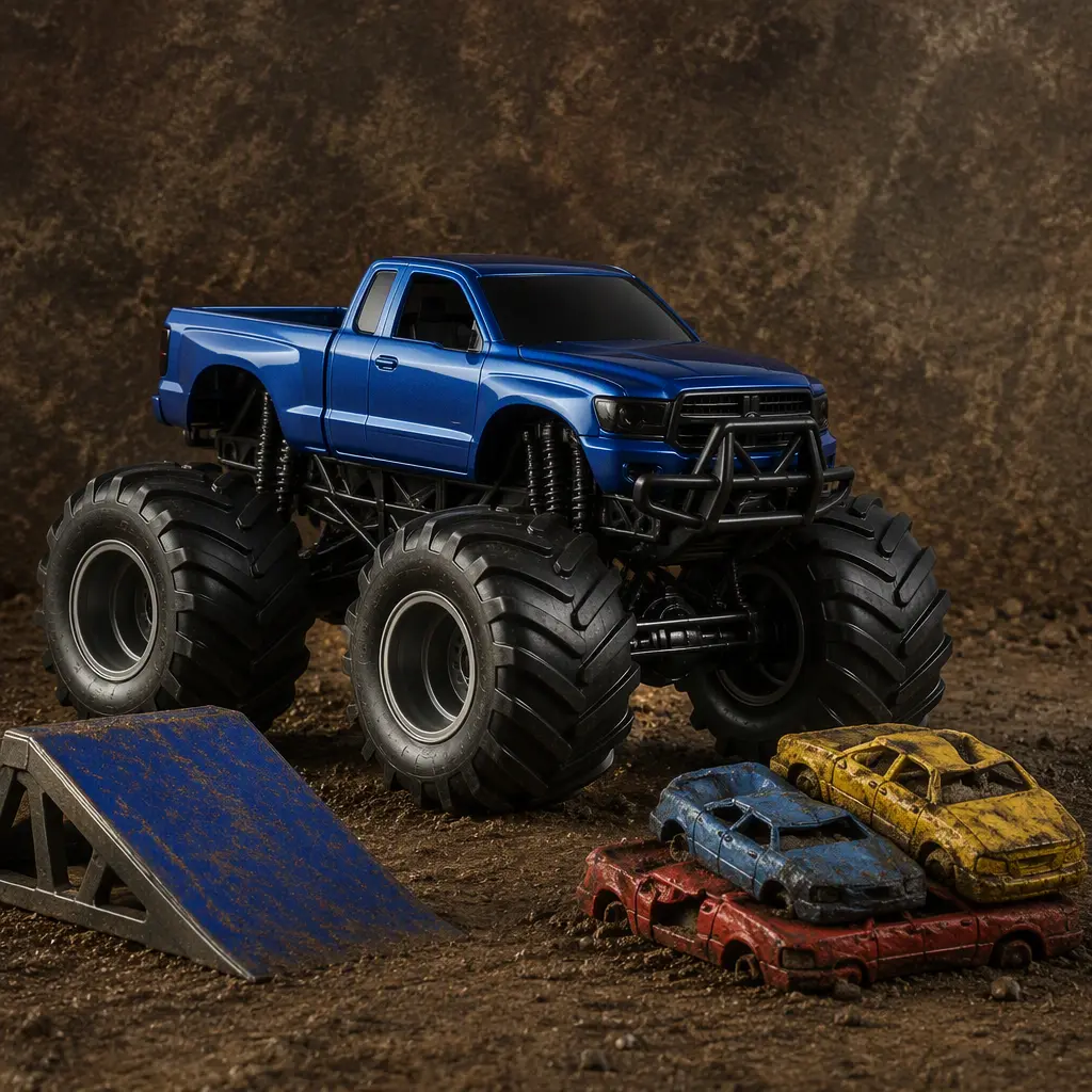Toy monster truck displayed with miniature stunt obstacles