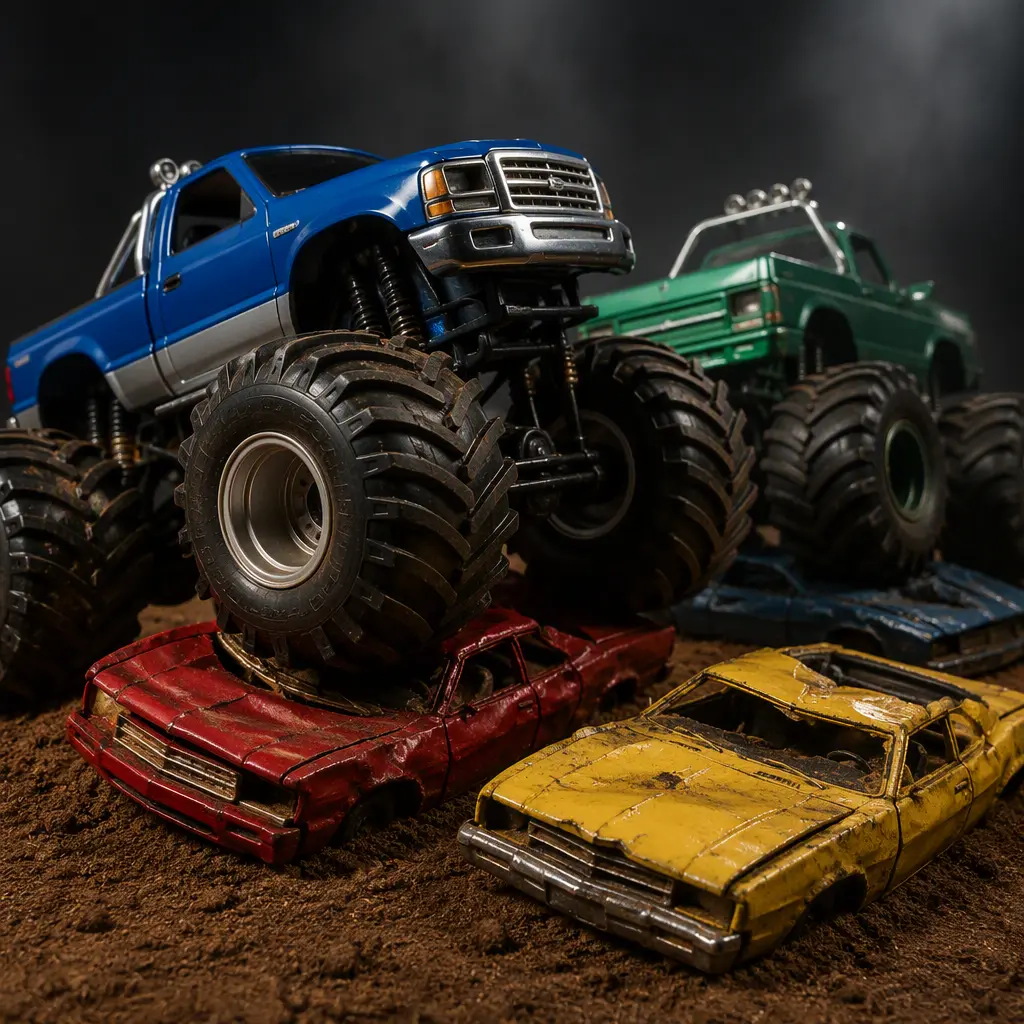 Toy monster trucks with oversized tires posed on a dirt-style play surface