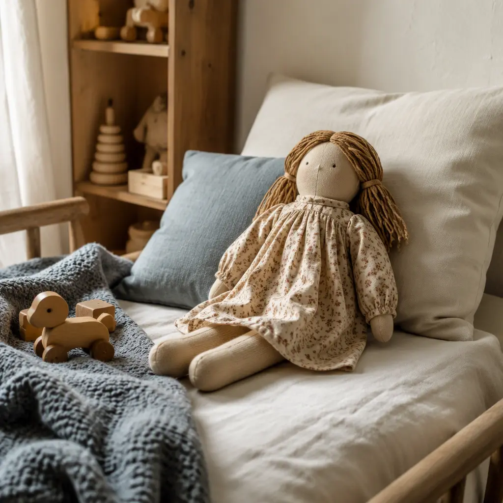Vintage-style companion doll sitting on a bed in a softly lit child's room