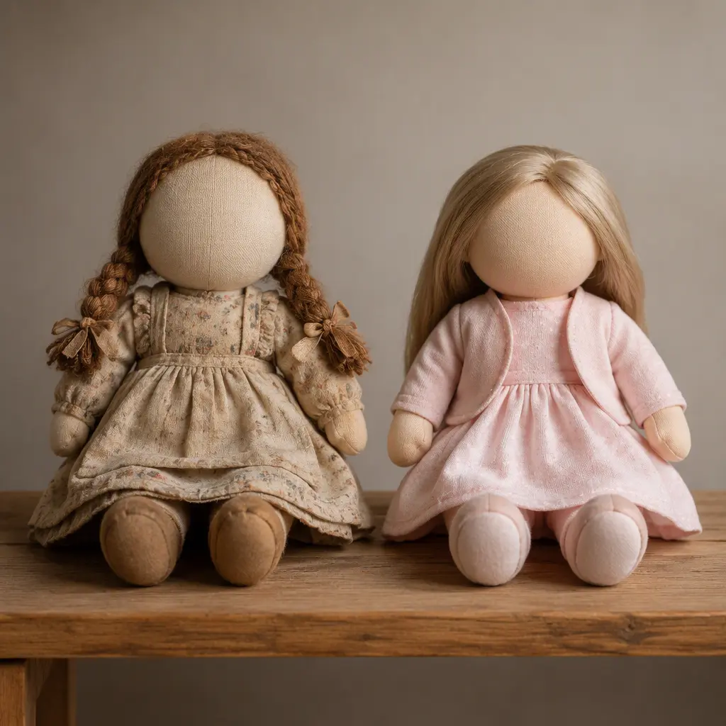 Two companion dolls from different eras displayed side by side