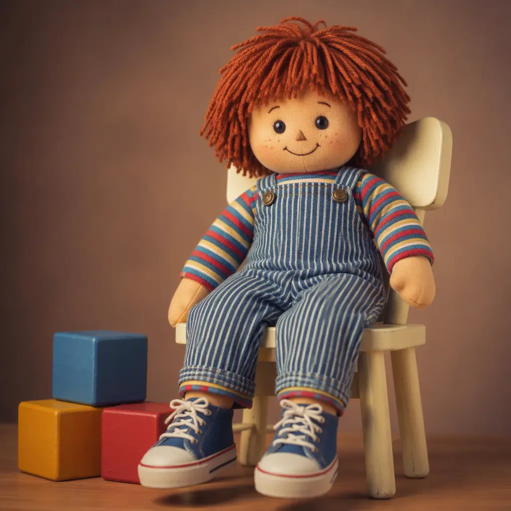 Soft companion doll in overalls displayed in a warm studio setting with children's toys