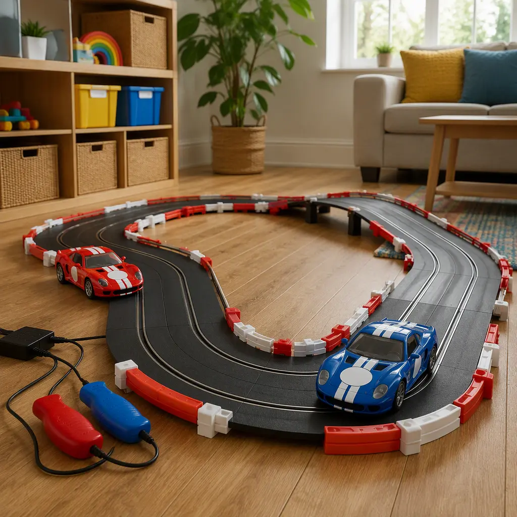 Colorful beginner slot-car track assembled on a living room floor