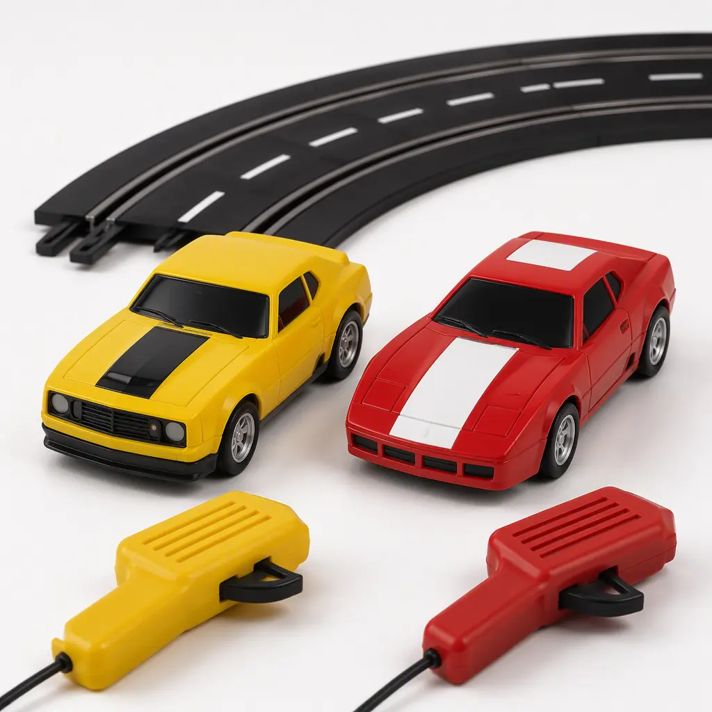 Chunky beginner slot cars with curved track pieces and controllers