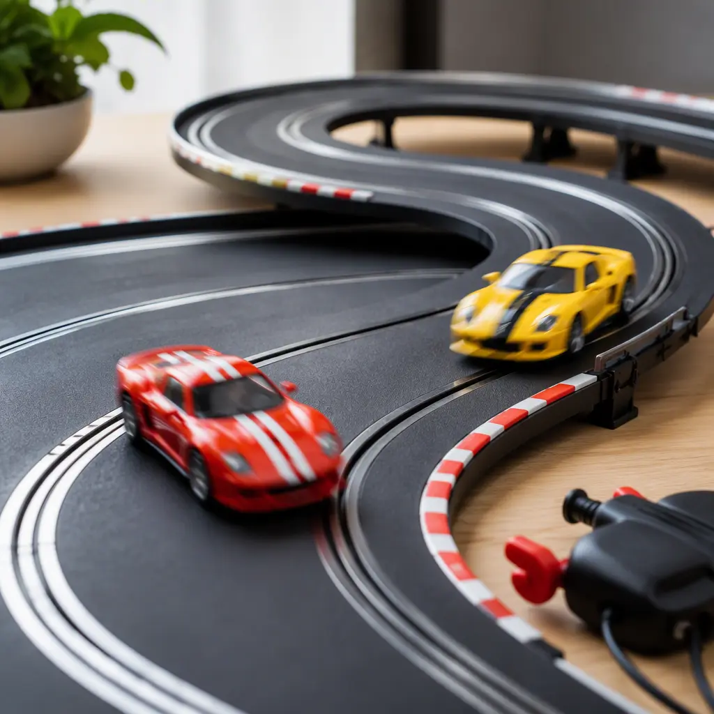 Beginner-friendly slot-car racing set with colorful cars on a looping track