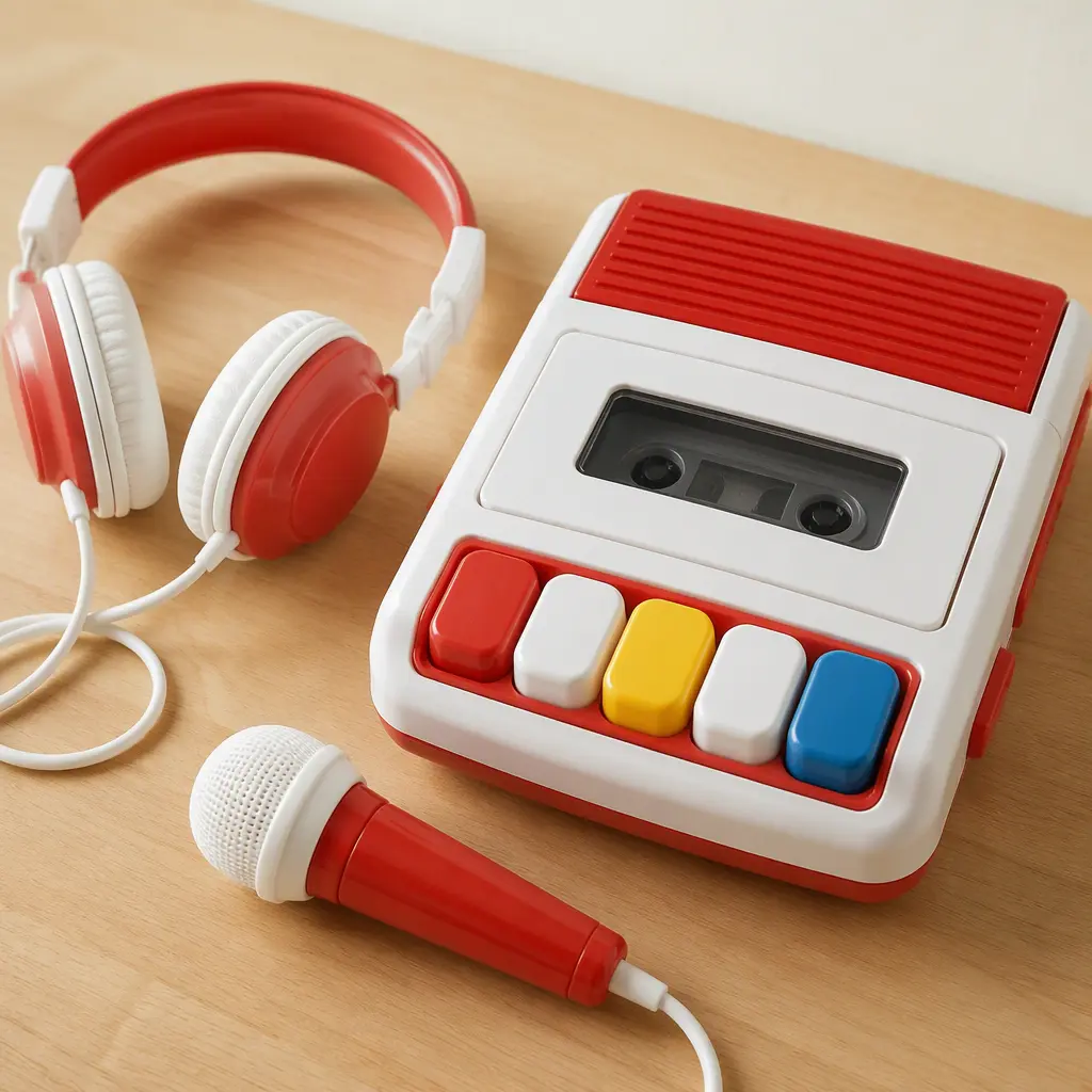 Retro child-friendly cassette recorder and headphones on a tabletop