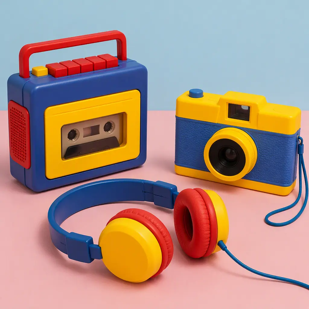 Retro child-oriented electronic devices displayed in a studio setting
