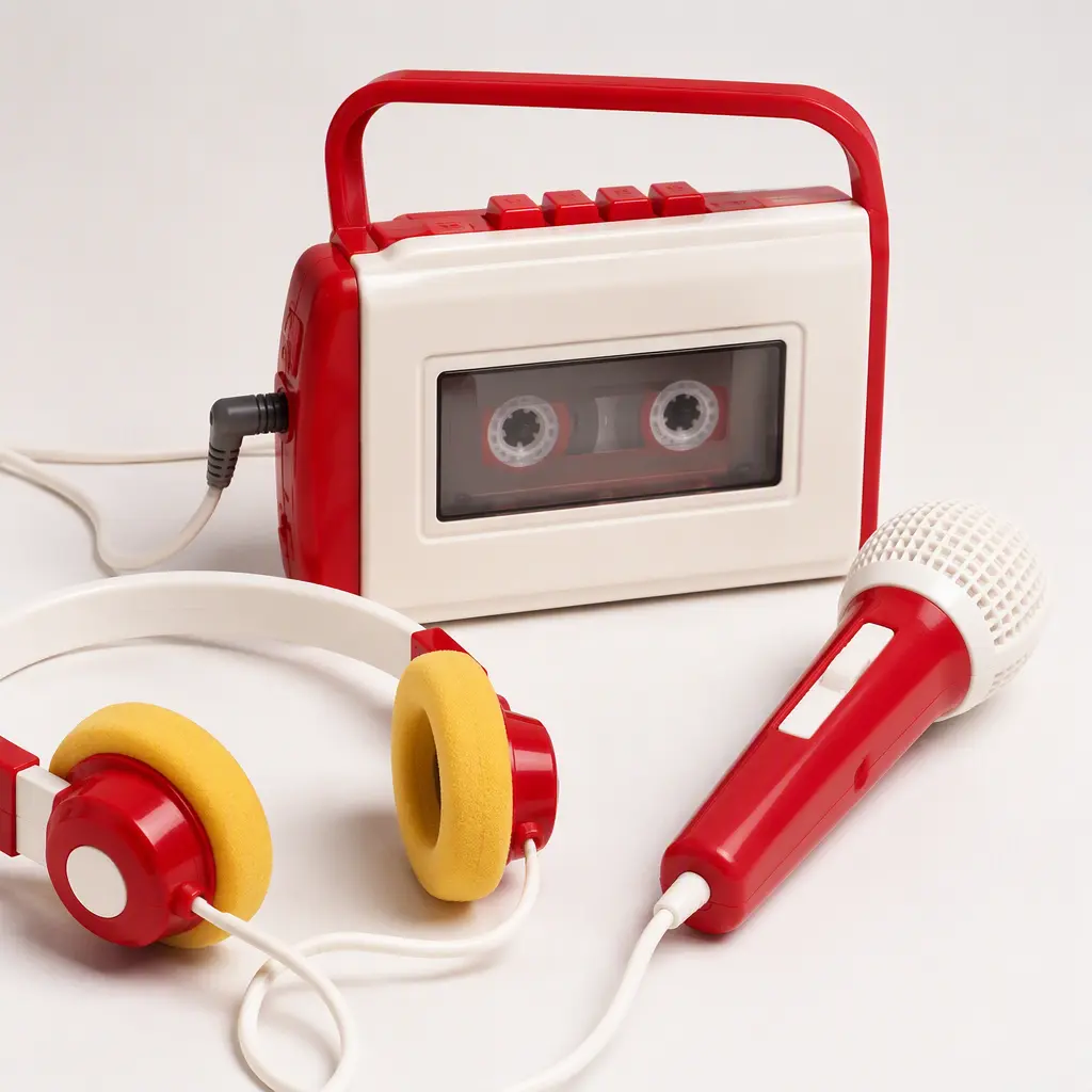 Colorful child-sized electronic gadgets inspired by late 1980s educational tech toys