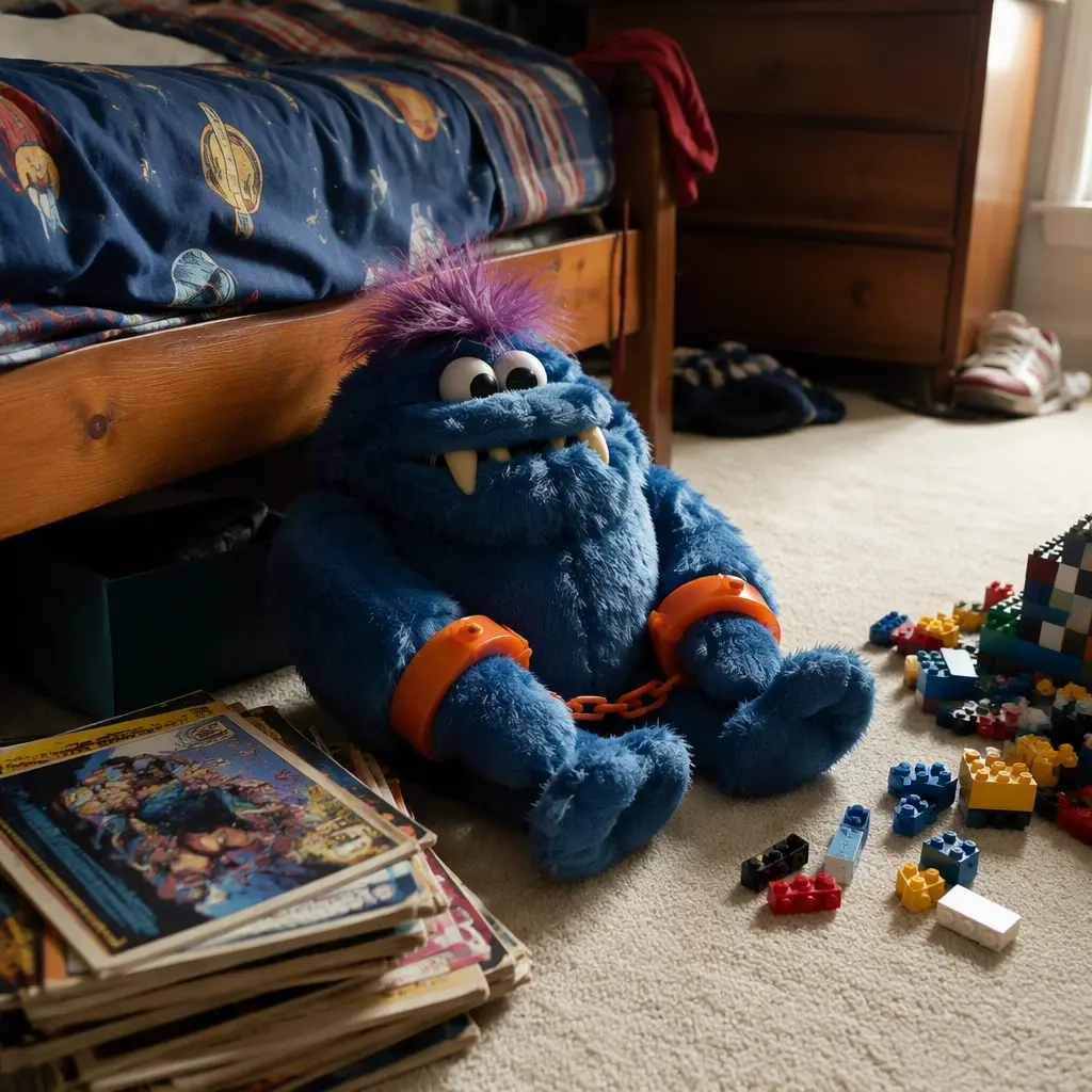 Blue plush monster toy on a child's bedroom floor with orange cuffs