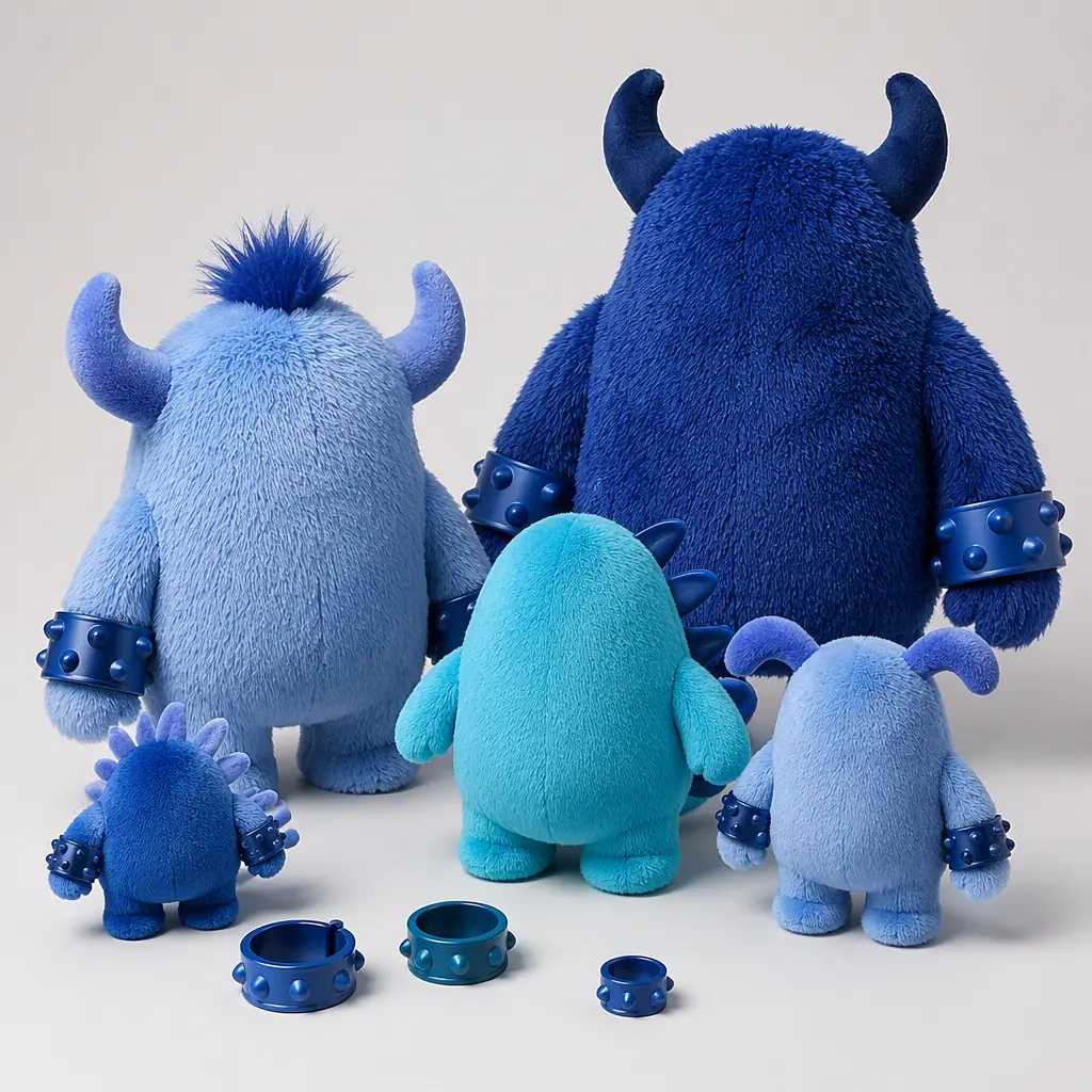Retro-inspired plush monster toys in different sizes displayed in a studio