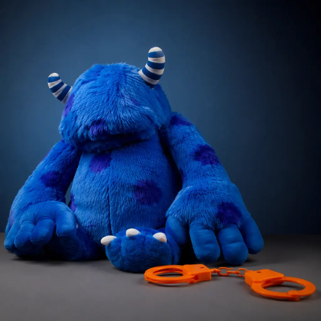 Large blue plush monster toy with orange breakaway handcuffs in a studio setting