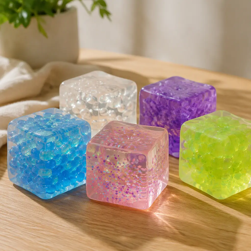 Several translucent cube-shaped sensory toys arranged on a tabletop