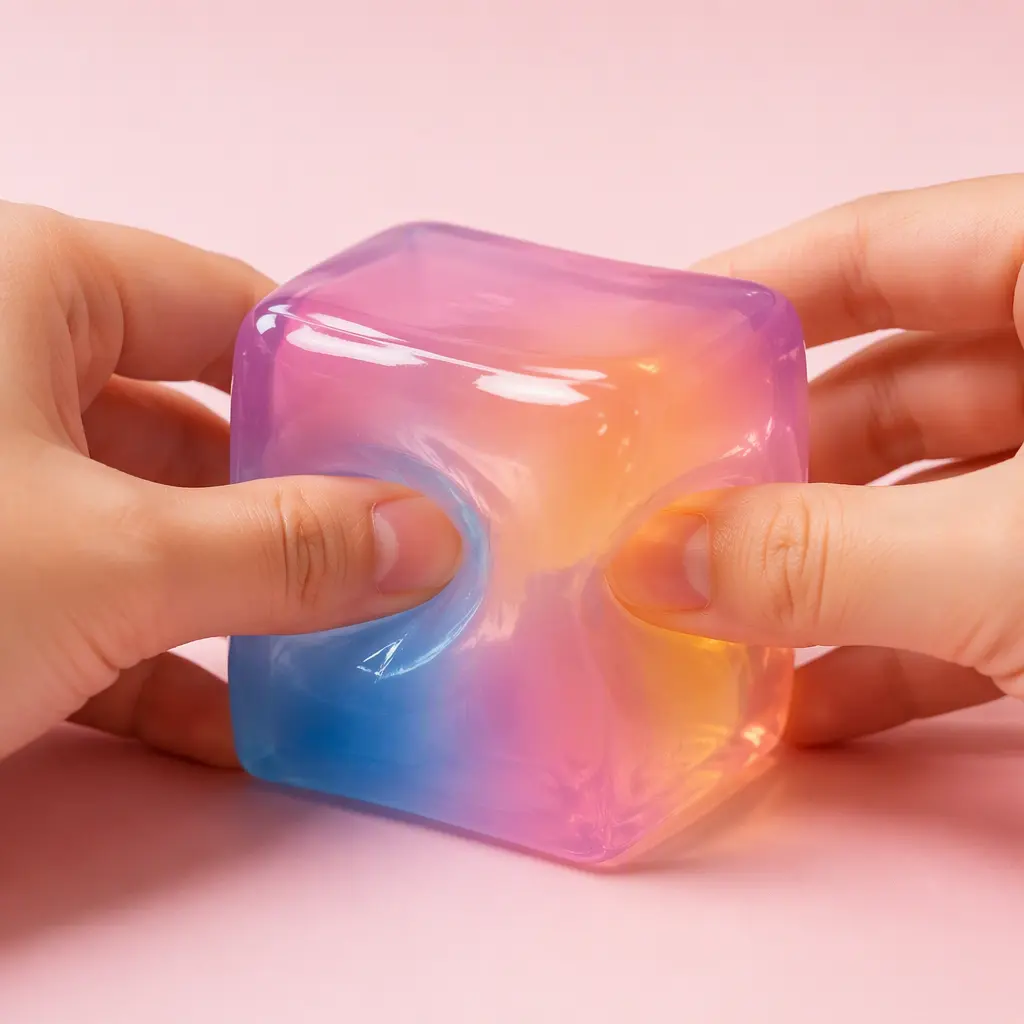 A translucent cube-shaped squish toy being squeezed in a studio setting