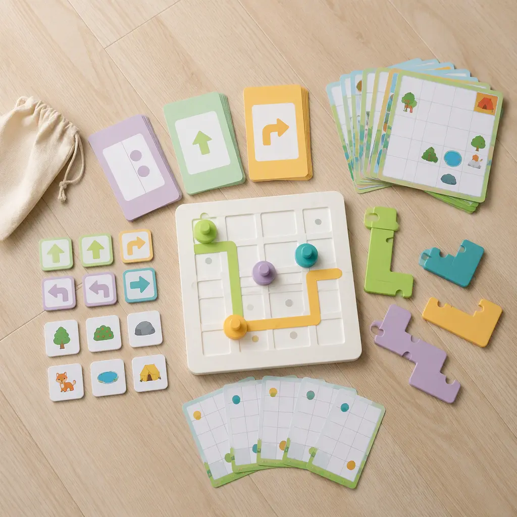 Coding cards and a beginner logic puzzle board arranged neatly on a wooden floor
