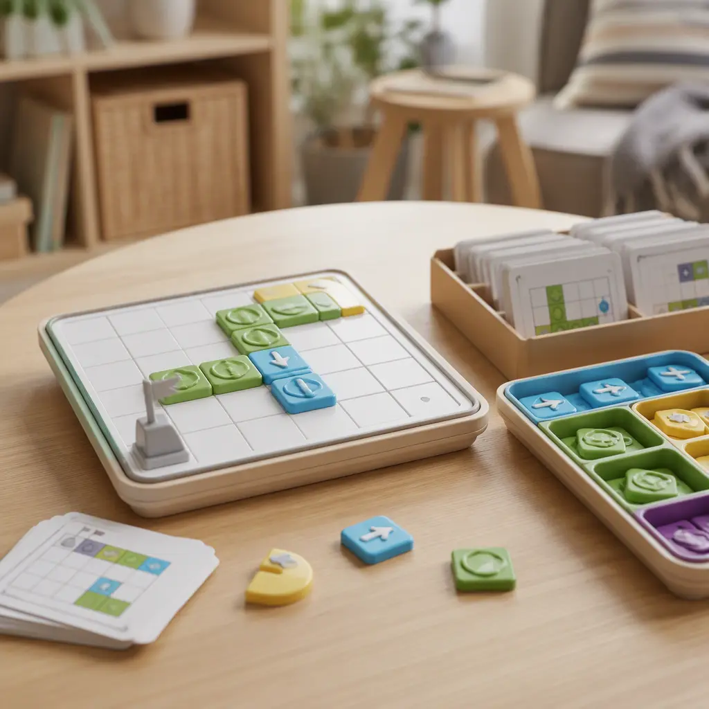 Logic puzzle board and organized coding tiles on a child-sized table