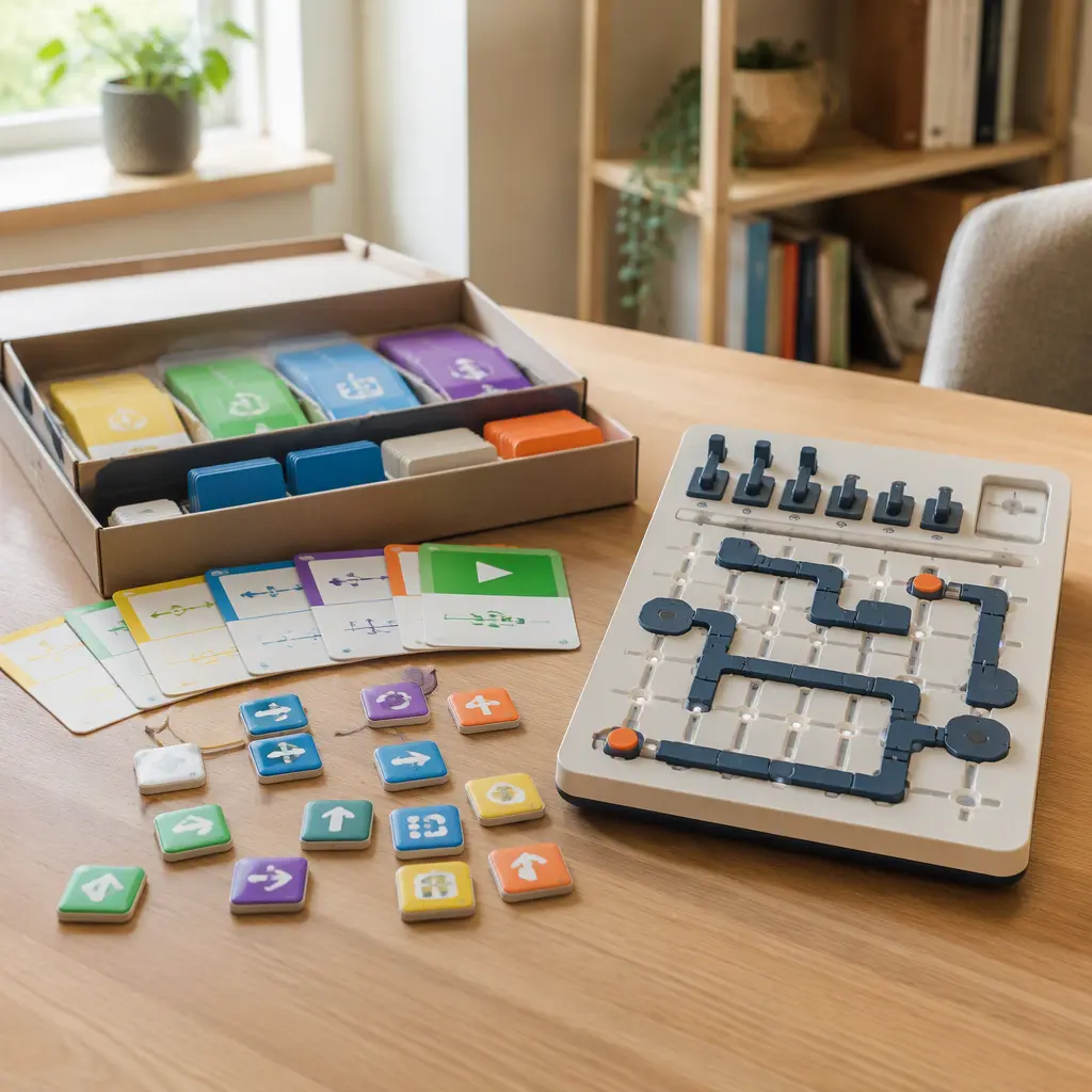 Screen-free coding kit and logic board arranged on a wooden table in natural light
