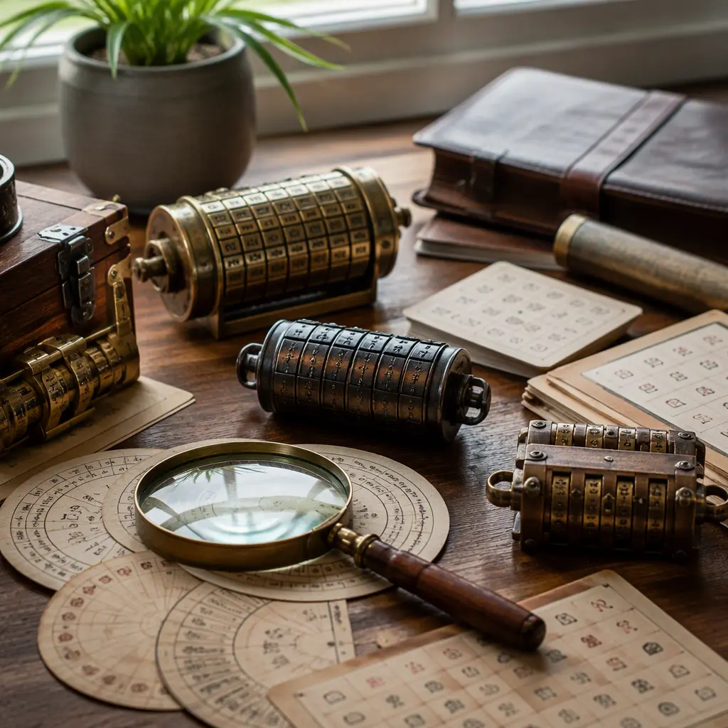 Mechanical puzzle locks and code-breaking tools on a study table