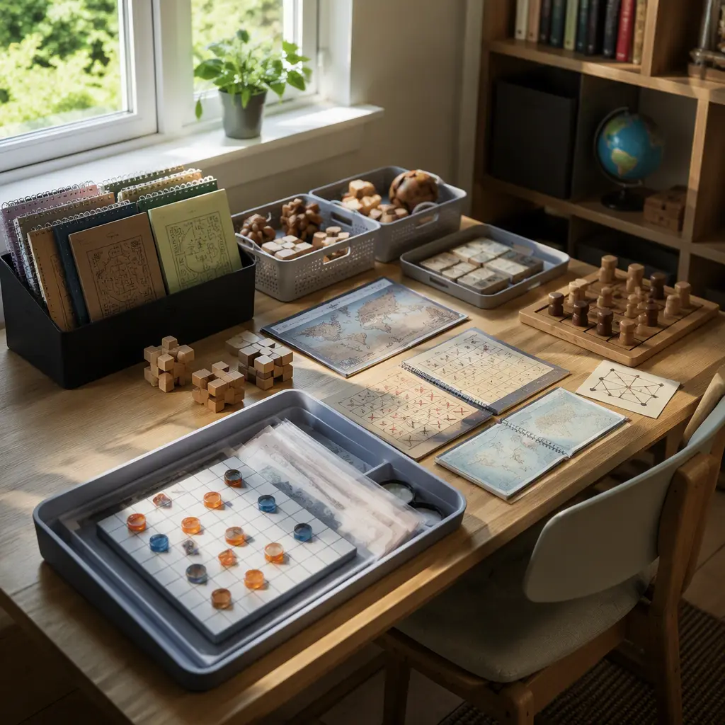 Organized collection of screen-free puzzle and secret-code toys in a study corner