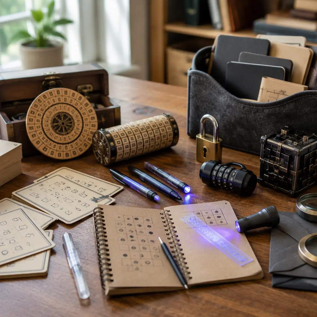 Screen-free STEM spy toys including cipher tools and puzzle gadgets on a desk
