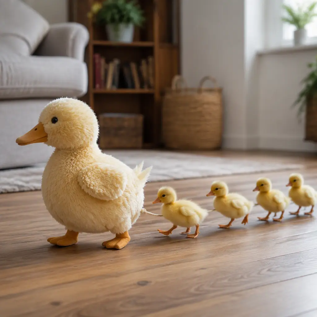 A motorized plush duck toy leading a row of ducklings across a wooden floor
