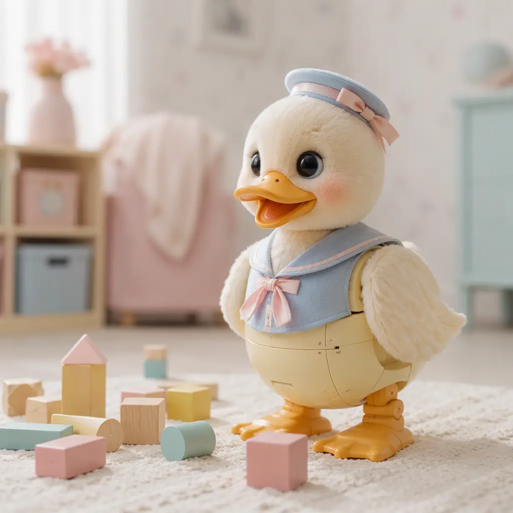 An animated duck toy displayed beside colorful children's toys in a softly lit room