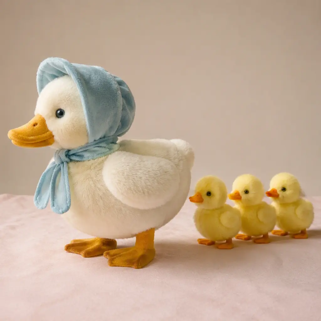 A plush animatronic duck toy with small ducklings arranged behind it on a pastel background