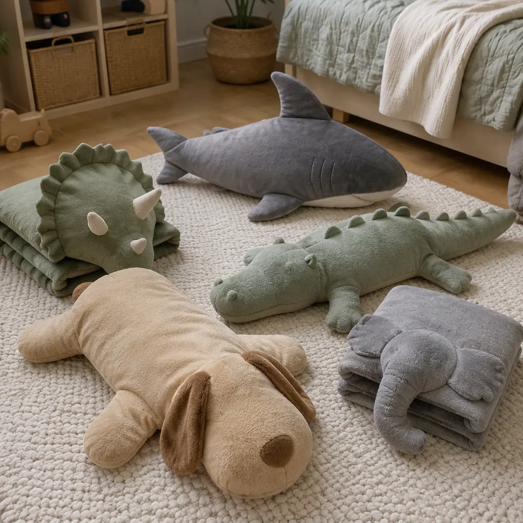 Folded and unfolded plush pillow toys arranged in a cozy bedroom