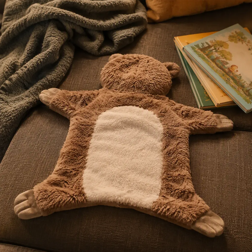 A plush pillow toy unfolded flat on a couch beside a blanket