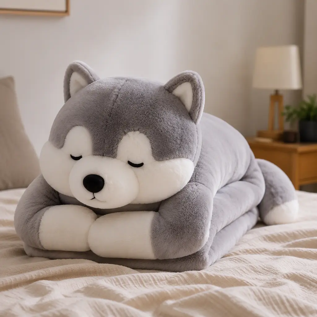 A plush animal toy folded into pillow form on a bed in soft natural light