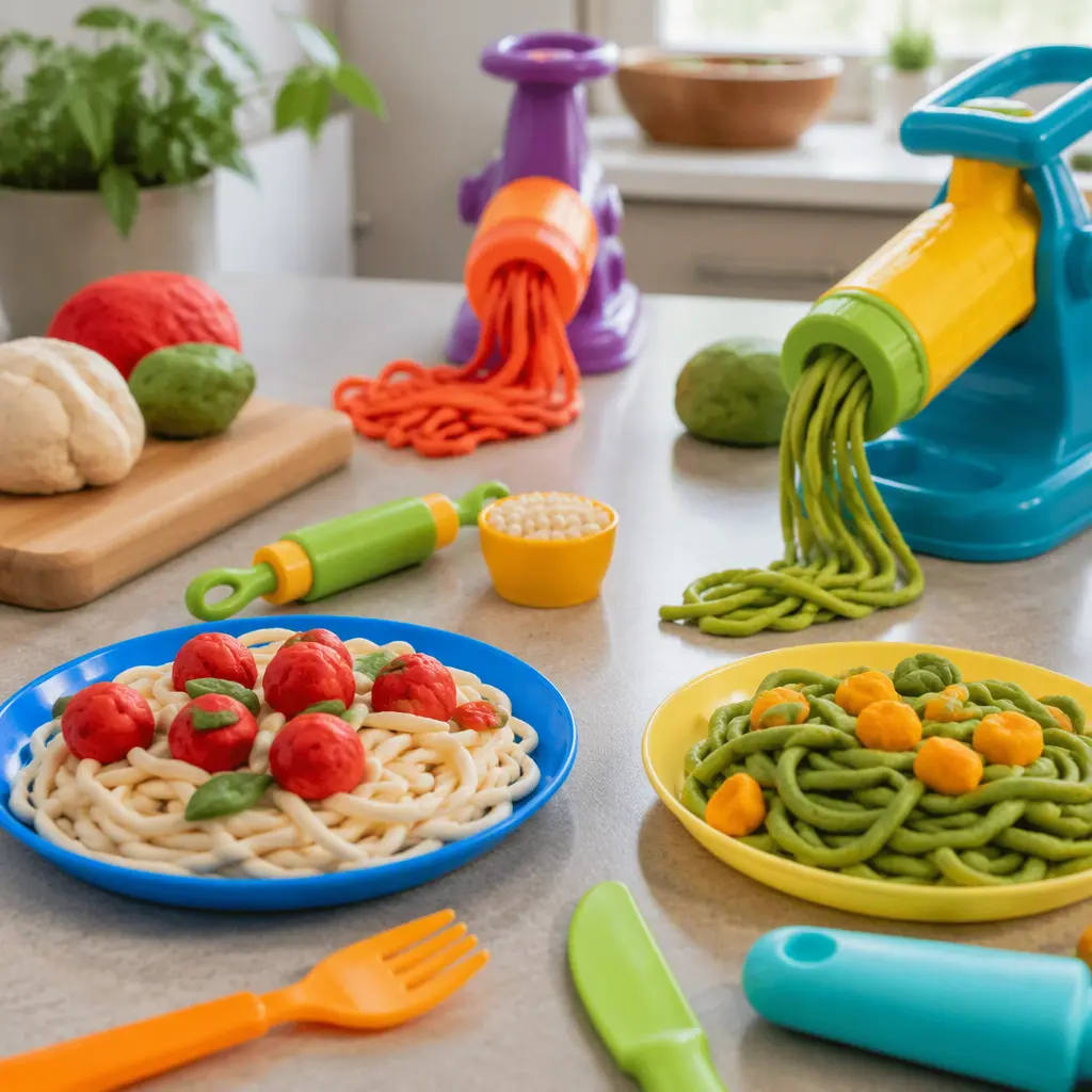 Pretend pasta and toy kitchen accessories made from colorful modeling compound