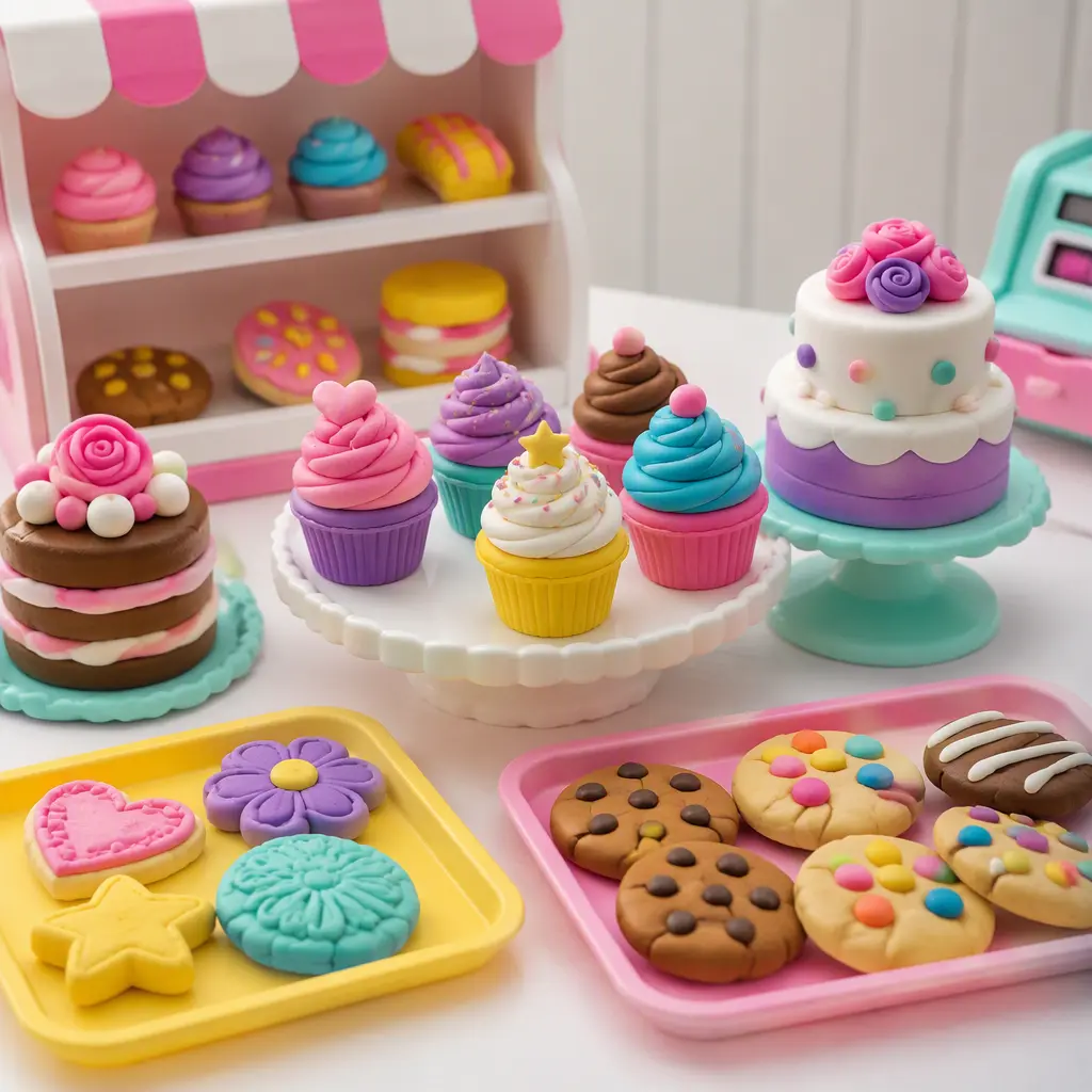Pretend bakery creations made from colorful modeling compound in a toy kitchen setup