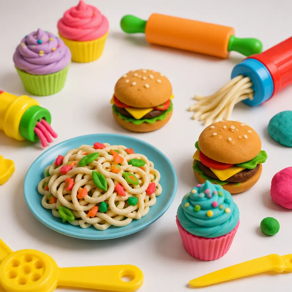 Colorful pretend food creations made from modeling compound with toy kitchen tools on a tabletop