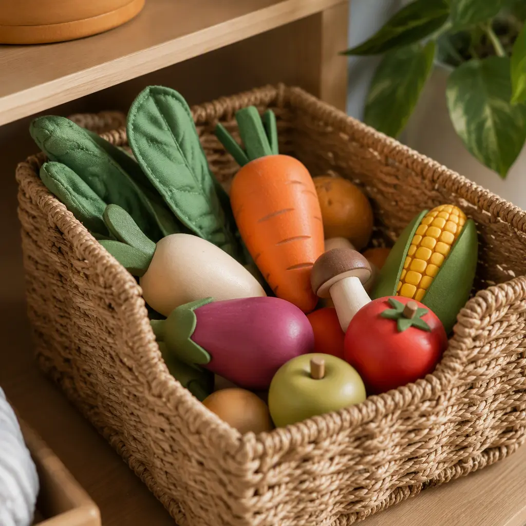 Chunky pretend food toys organized in a small storage basket