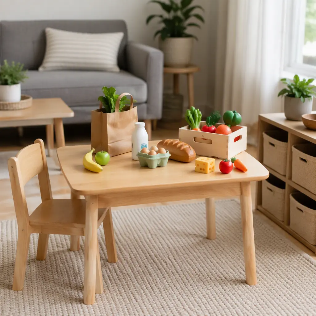 Compact pretend grocery play setup beside a small storage cube