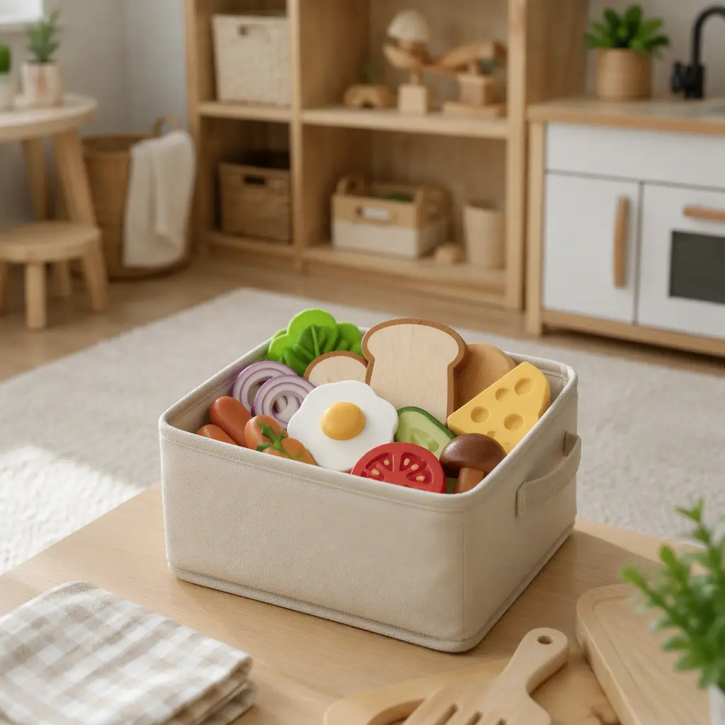 Compact pretend food set stored neatly in a small bin in a preschool playroom