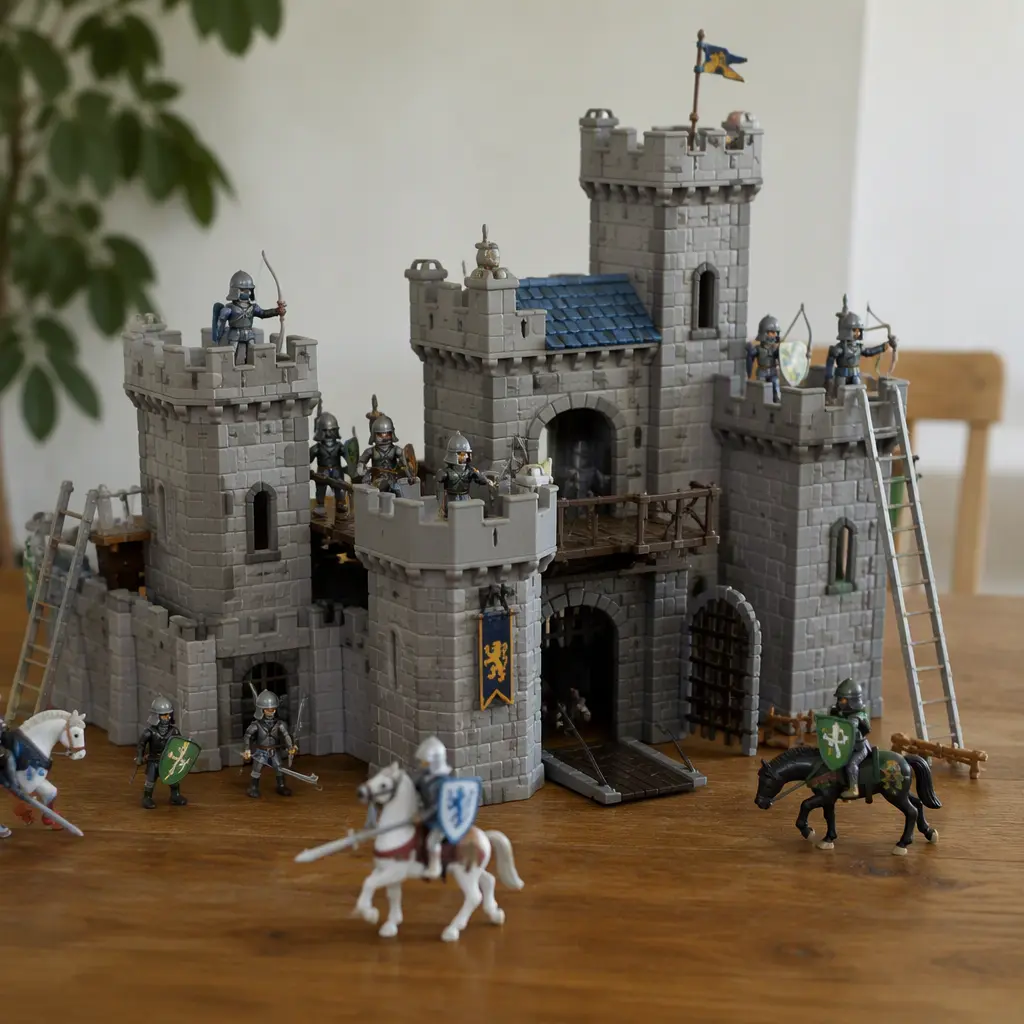 Large medieval toy fortress with knights and horses displayed on a wooden table