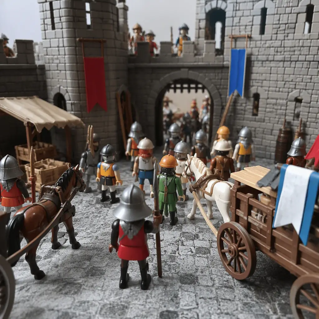Toy medieval courtyard scene with knights, horses, and castle walls