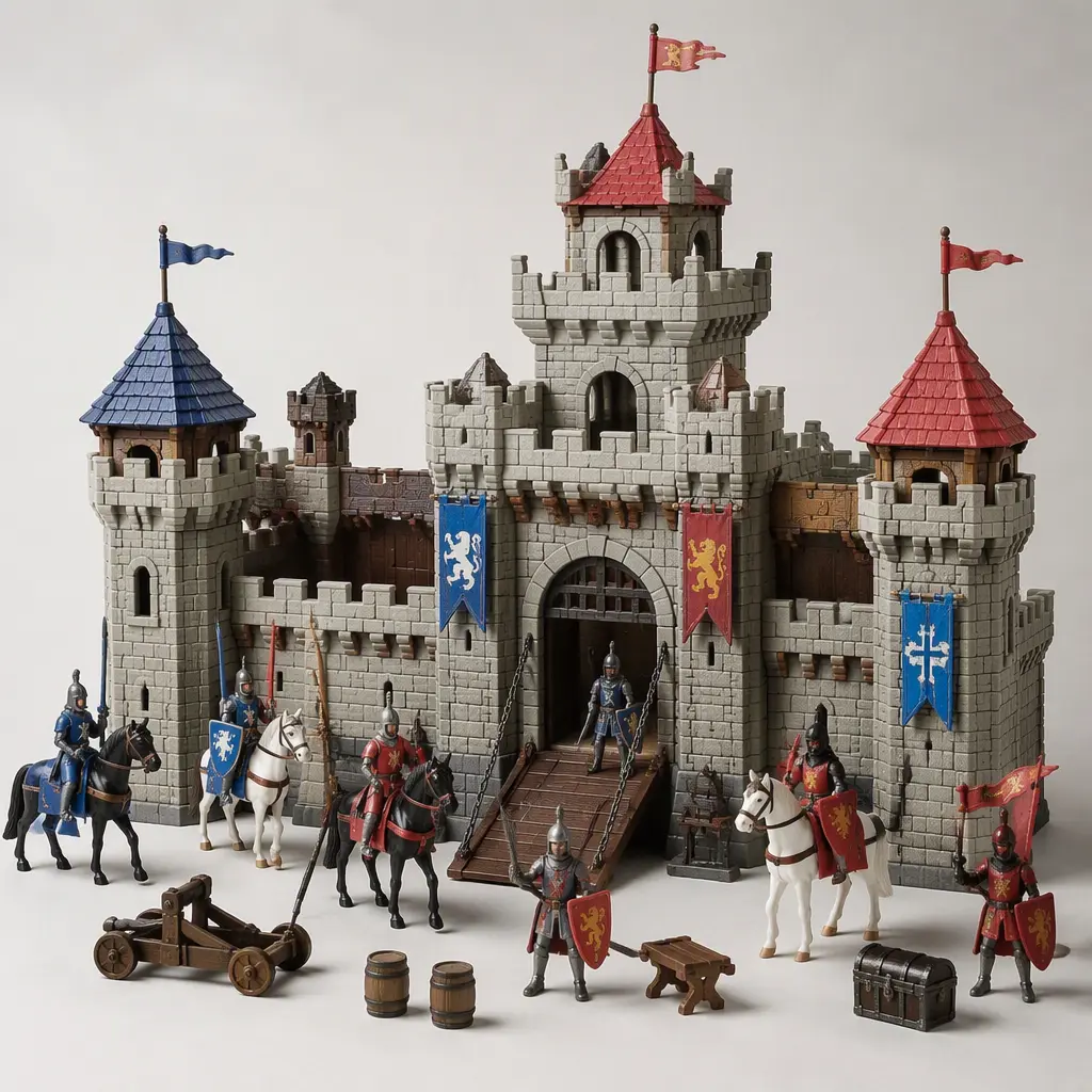 Generic medieval toy castle playset with knights, horses, and towers arranged in a studio setting