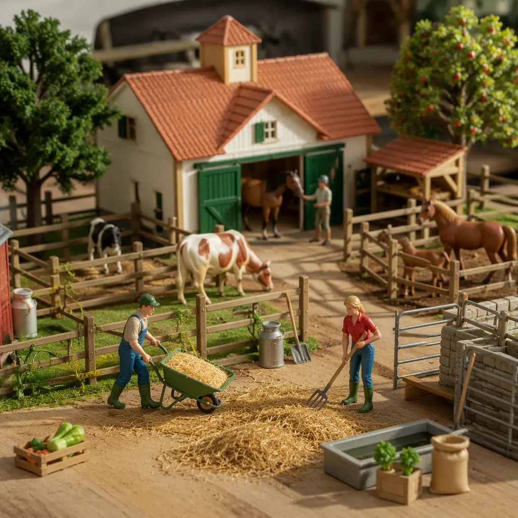 Vintage-style toy farm setup with barn animals and miniature farming accessories