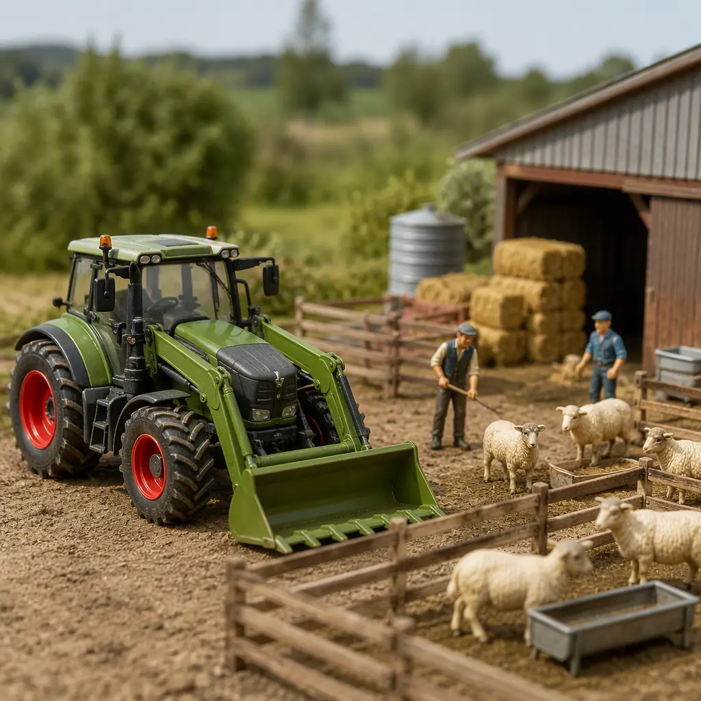 Close-up toy tractor and barnyard scene with miniature farm animals