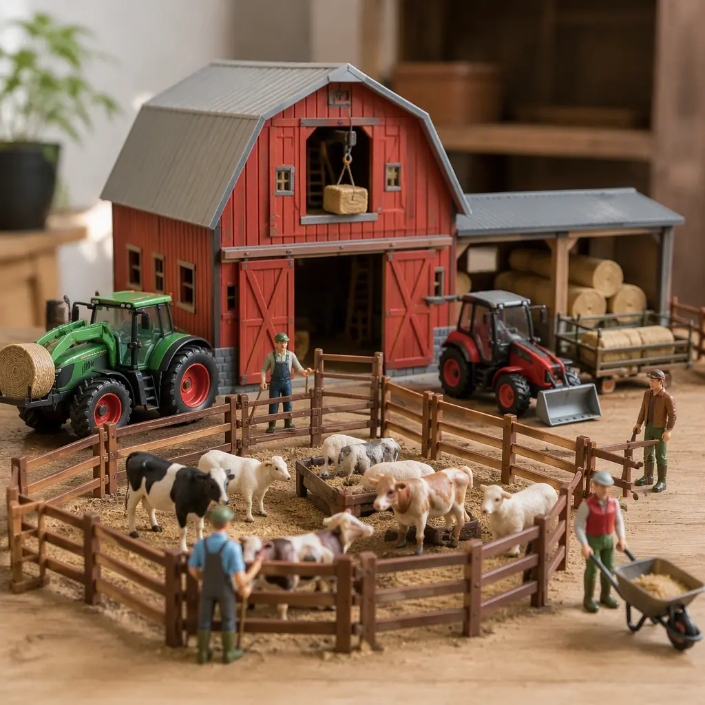 Toy farm playset with barn, animals, and miniature farmer figures arranged in a studio setting