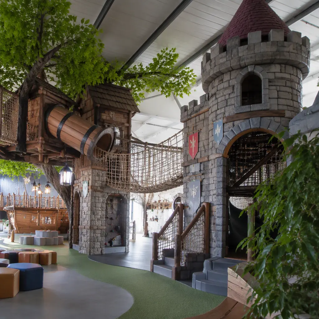 Indoor castle-themed play structure inspired by modular pretend-play toys