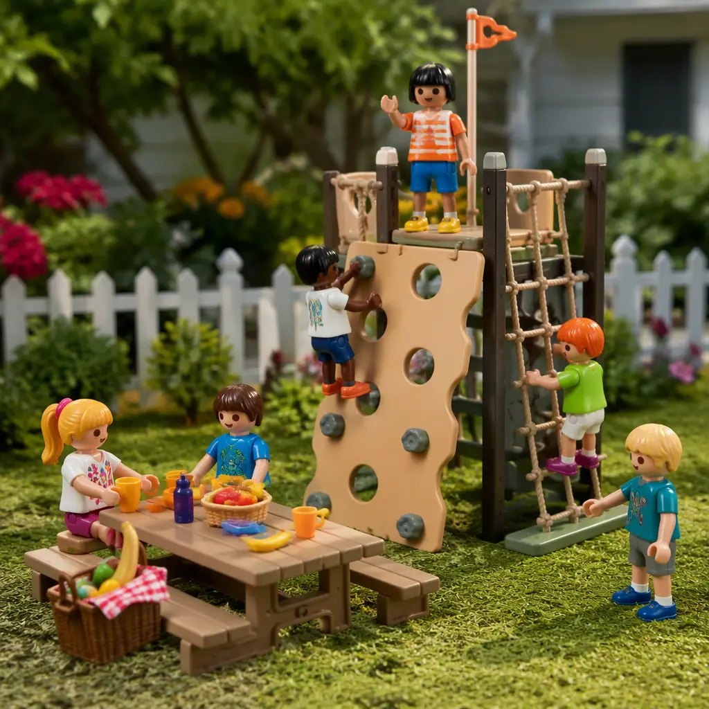 Small roleplay figures posed around a miniature outdoor play scene