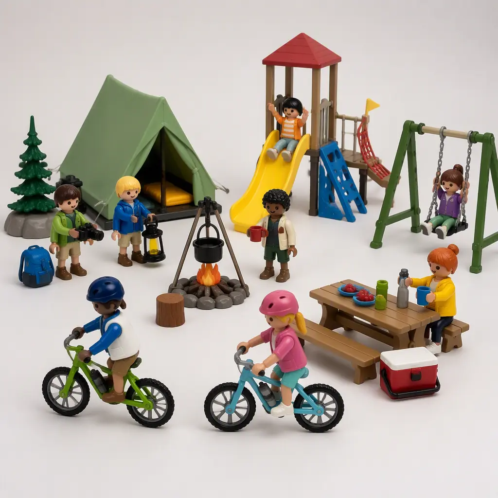 Assorted roleplay figures with outdoor and playground themed accessories