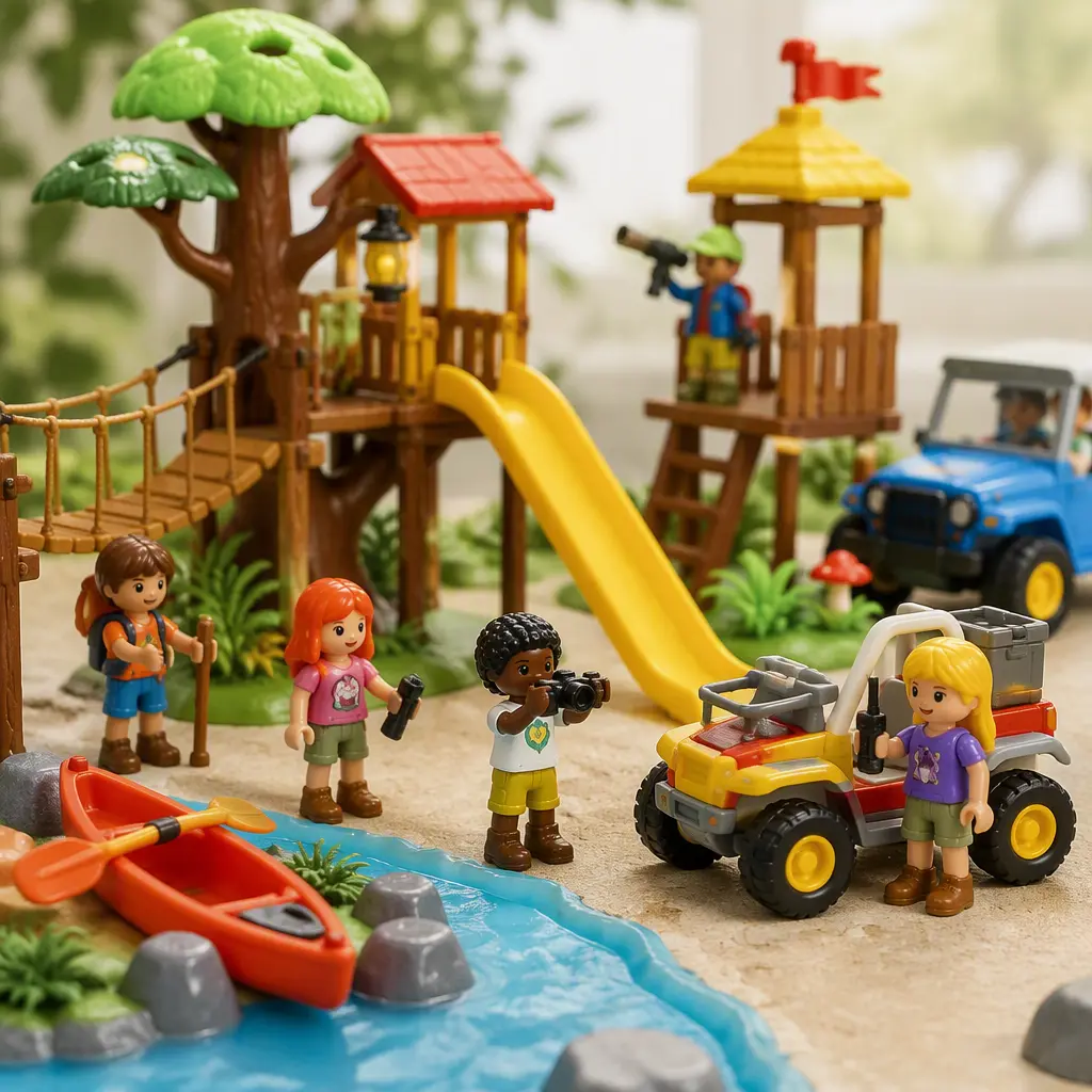 Colorful roleplay figures displayed with miniature playground and adventure park accessories