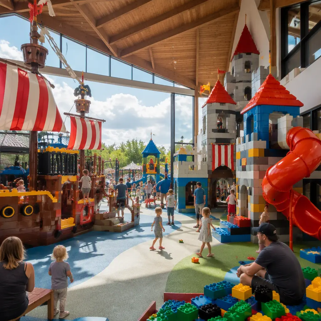 Large pretend-play attraction with oversized adventure structures inspired by toy playsets