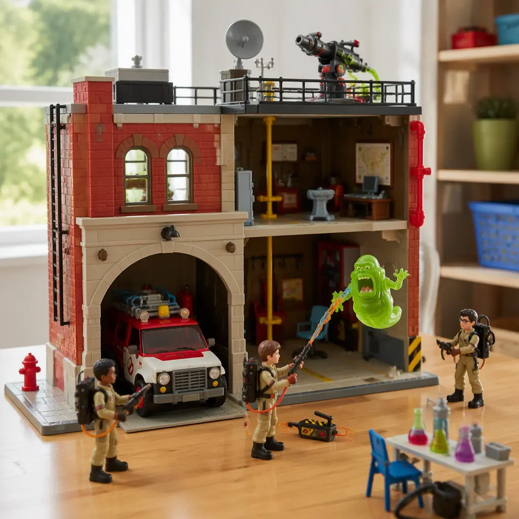 Multi-level toy firehouse playset arranged for imaginative ghost-catching scenes
