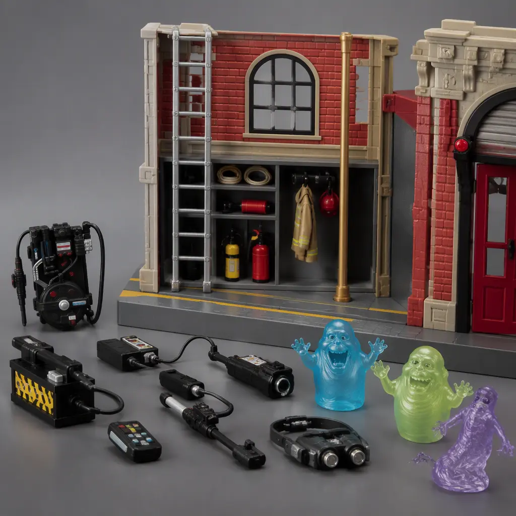 Toy ghost-hunting accessories and a compact firehouse section displayed in a studio