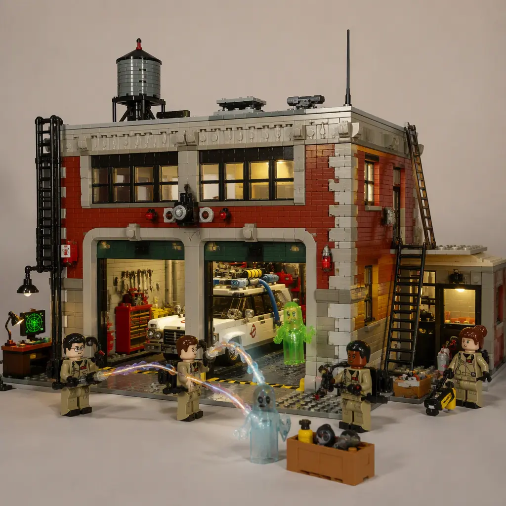 Toy emergency headquarters playset with ghost-hunting accessories and figures in a studio setting