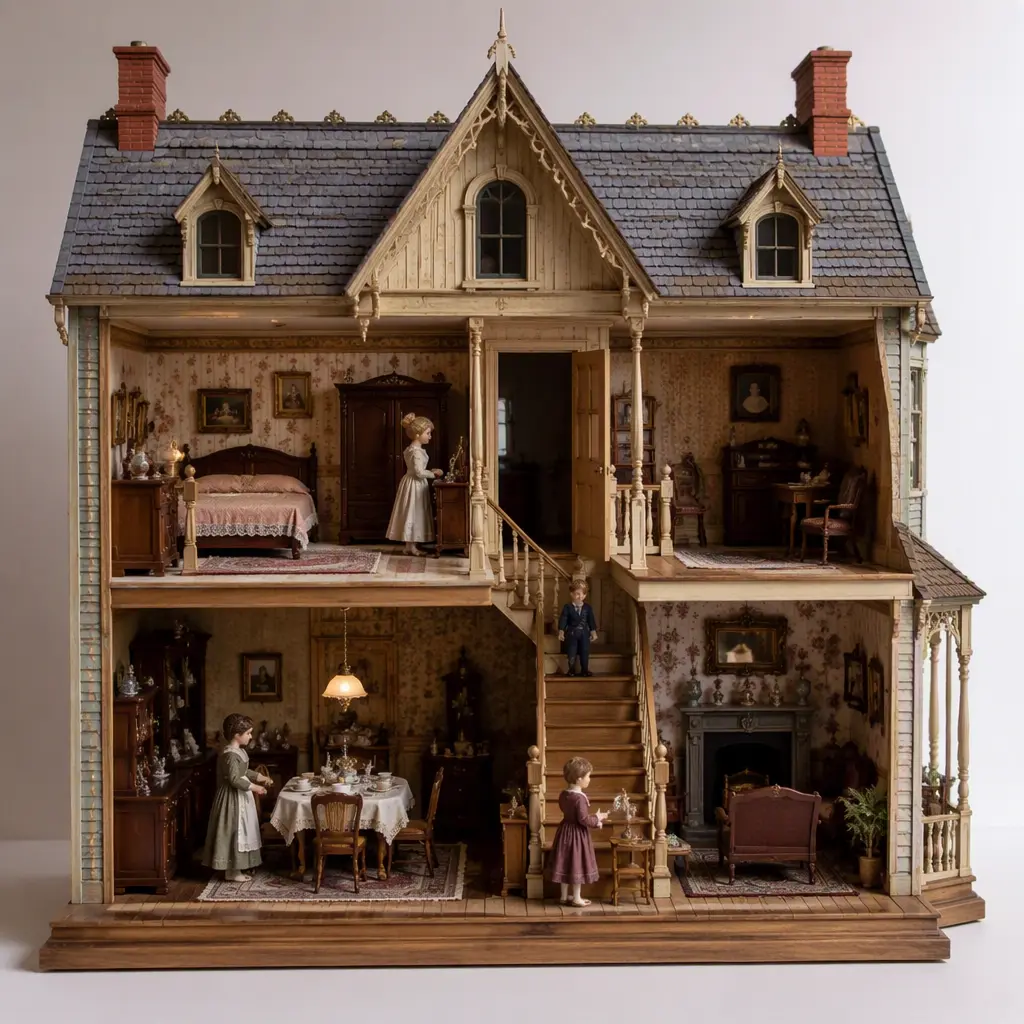 Open-back Victorian-style toy dollhouse with furnished miniature rooms and figures