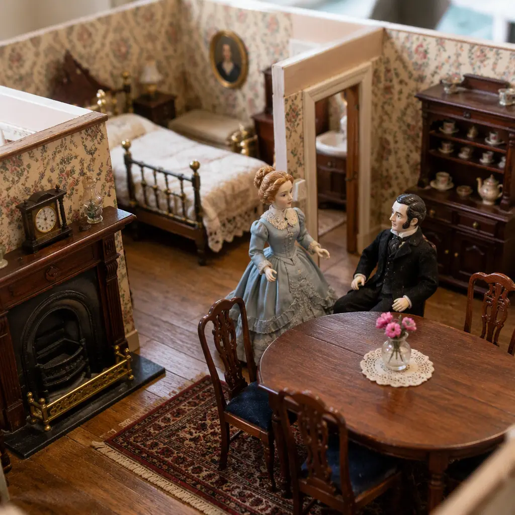 Close-up view of miniature Victorian dollhouse interior furniture and toy figures
